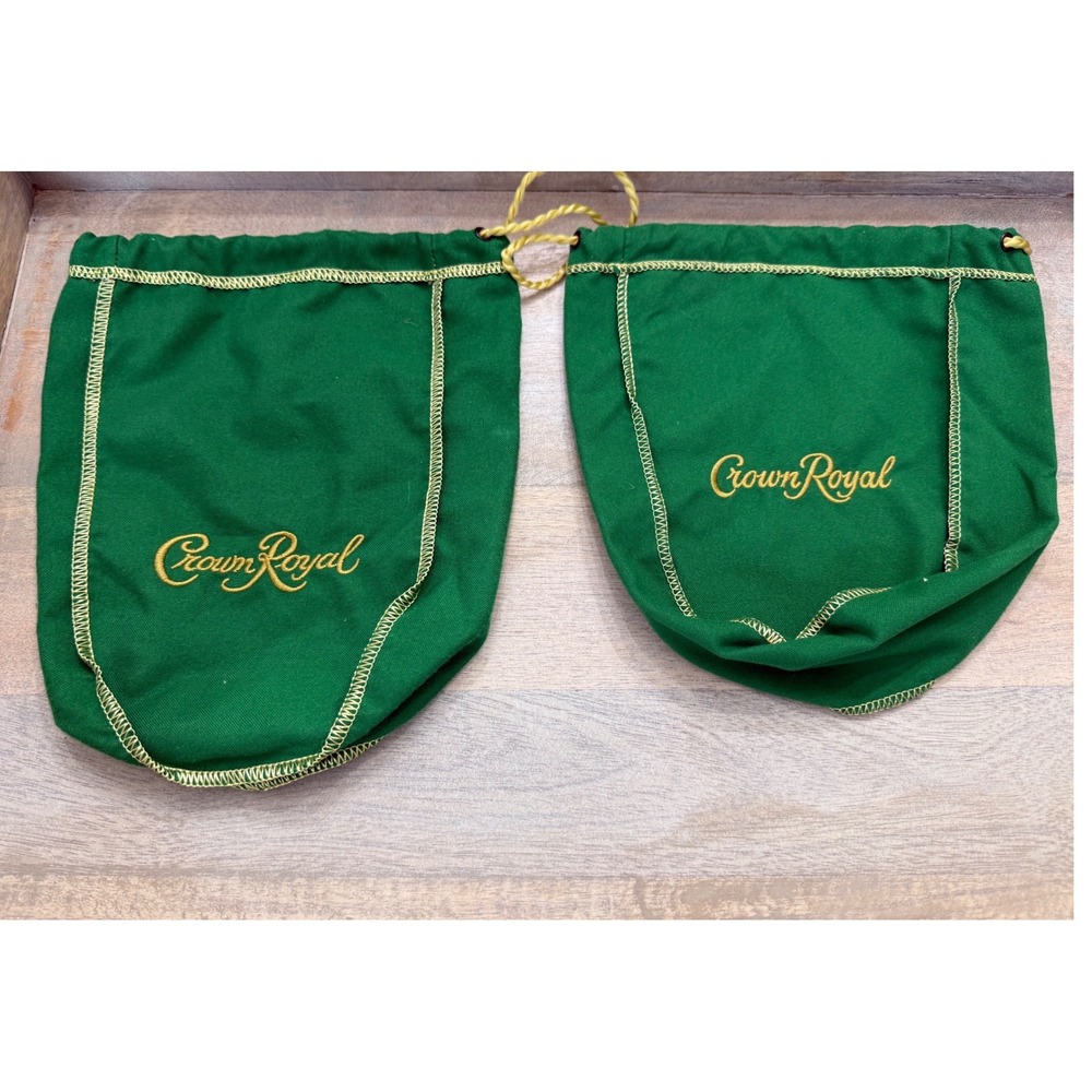 Crown Royal Green Drawstring Bags Set of 2 Gold Embroidery 8 & 9 Inch Pouch